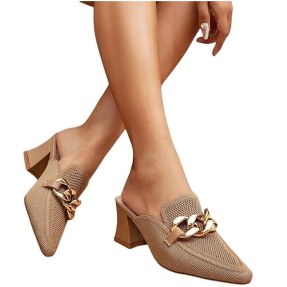 Newbella Women's Knit Pointed Toe Chunky‎ Heel Mules in Apricot NWB Size 8